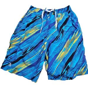 TYR Mens Swim Trunks Small Blue Yellow Abstract‎ Geometric Cargo Board Shorts